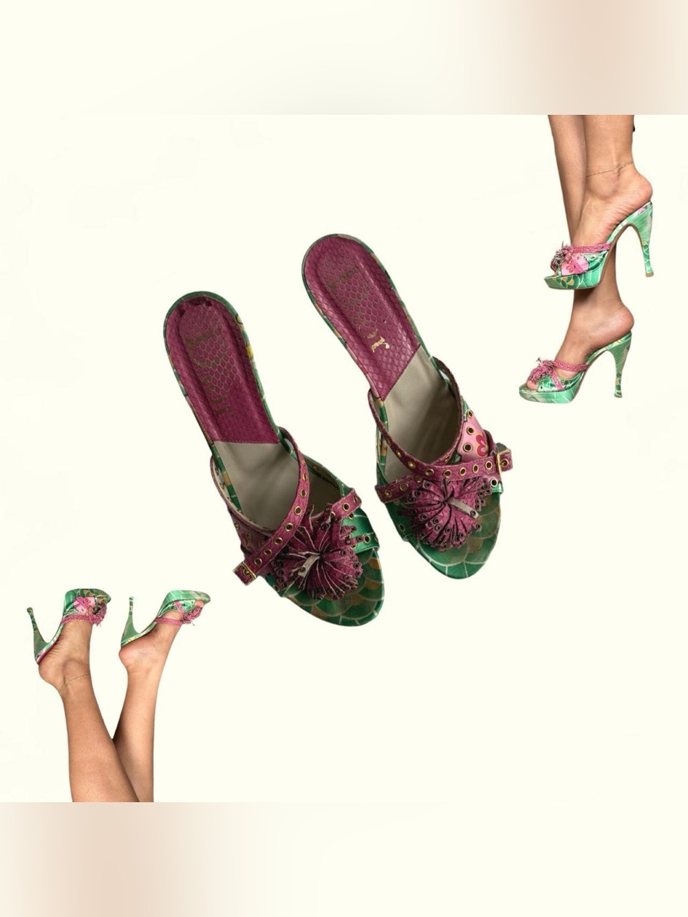 RARE Dior x Galliano 2003 Green and Pink Koi Fish Queenmum Print Heels- 38.5/ 8